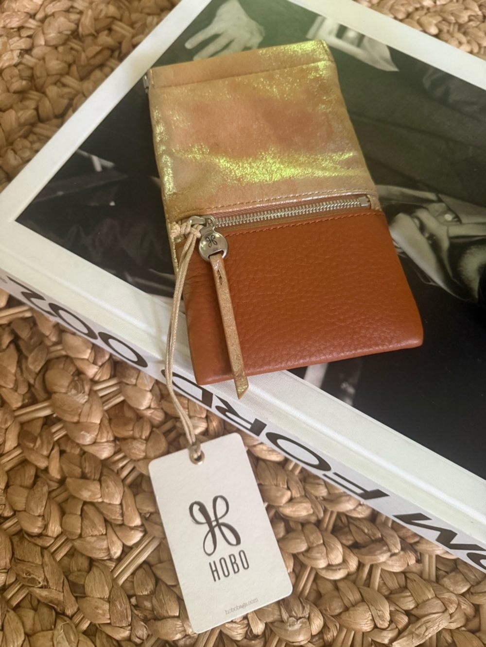HOBO Iridescent Gold + Tan Leather Zip sunglasses or phone Pouch